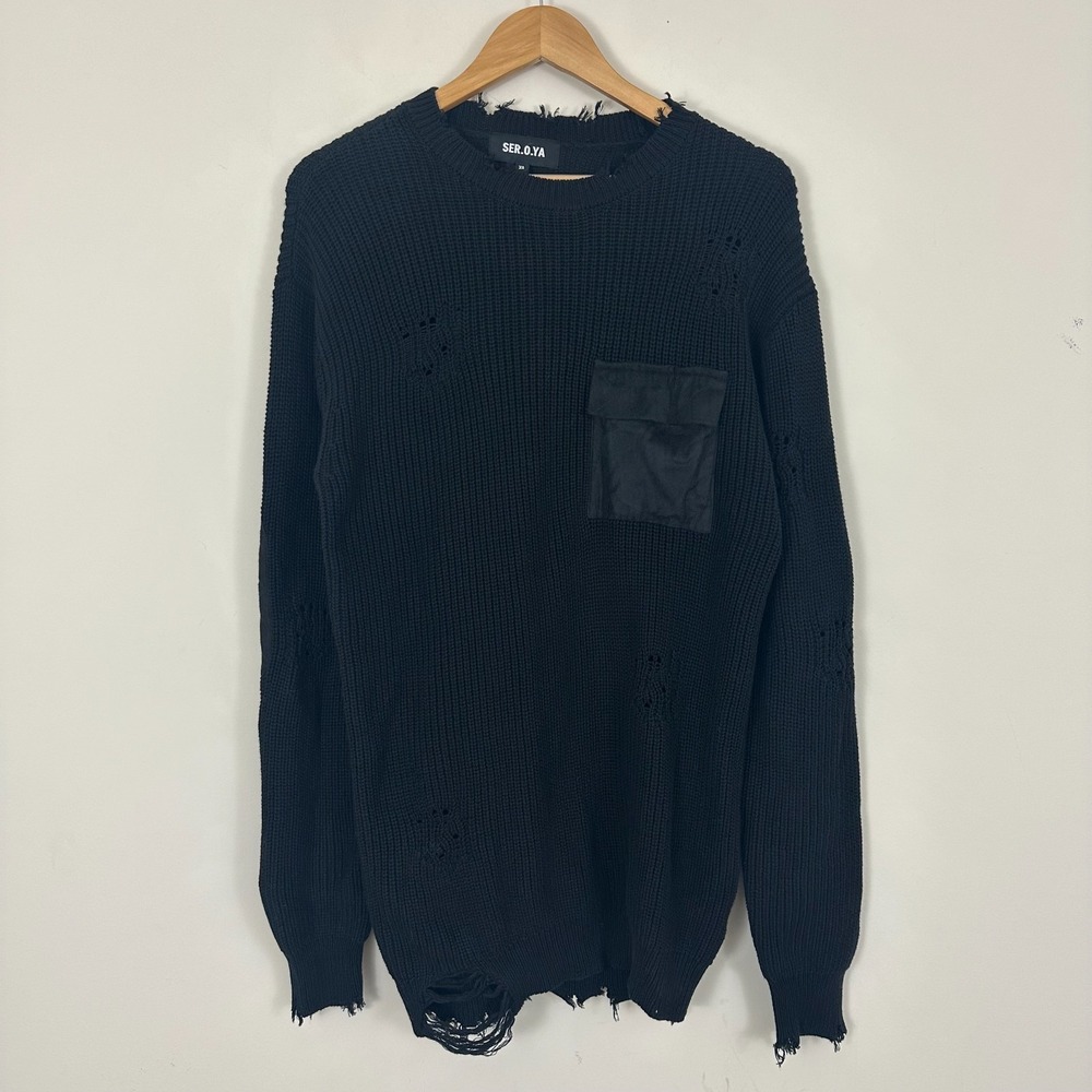 SER.O.YA Sweater Black Distressed Knit Crew Neck Oversized Streetwear Womens XS